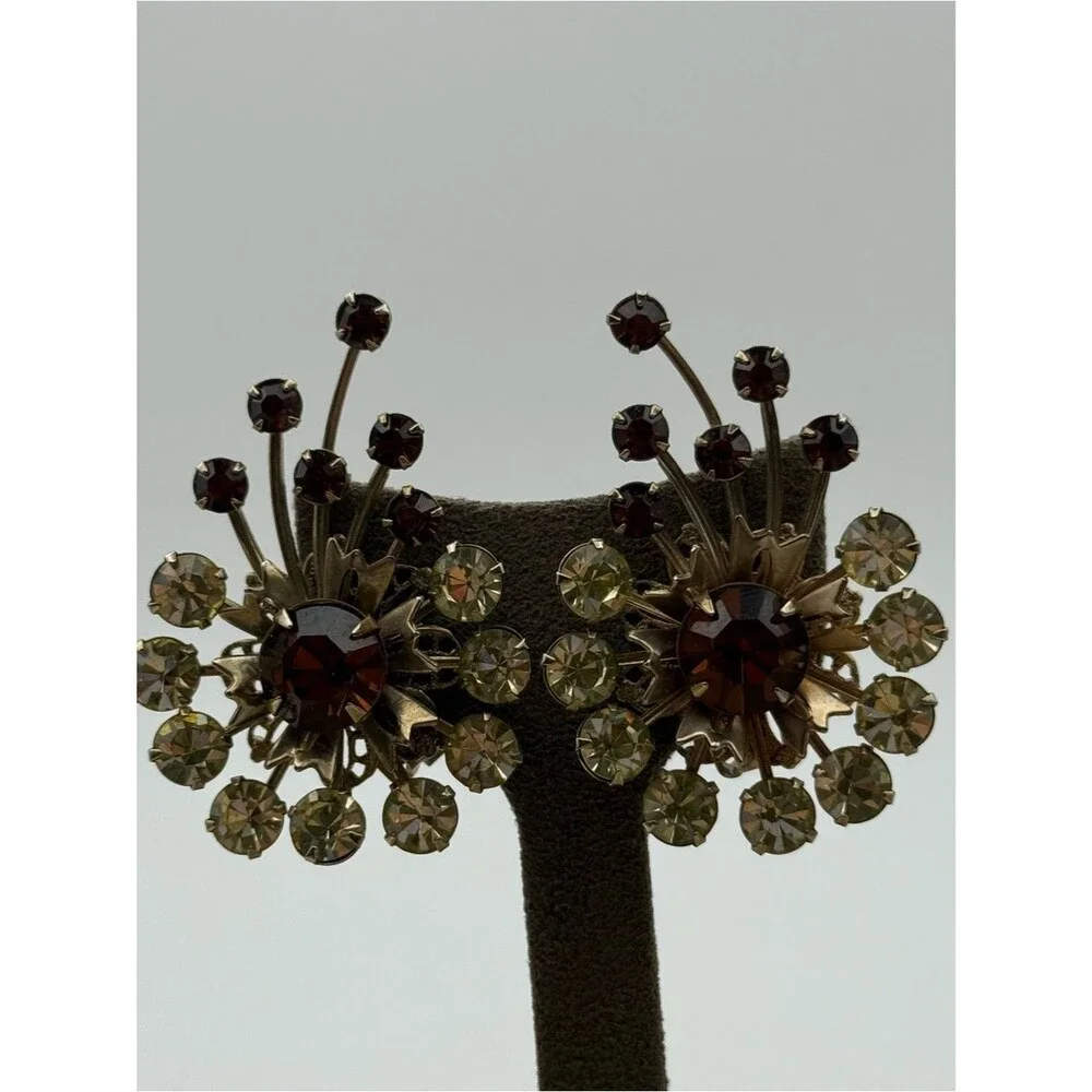 Vintage Floral Cluster Clip-On Earrings - Brown & yellow glass Rhinestones